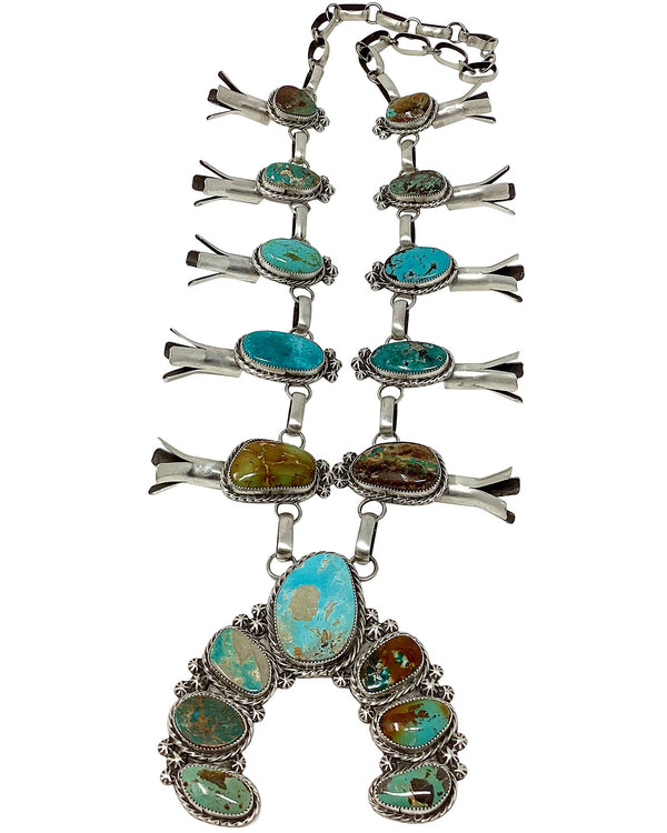 Chris Etsitty, Squash Blossom Necklace, Various Turquoise, Navajo Made, 24”
