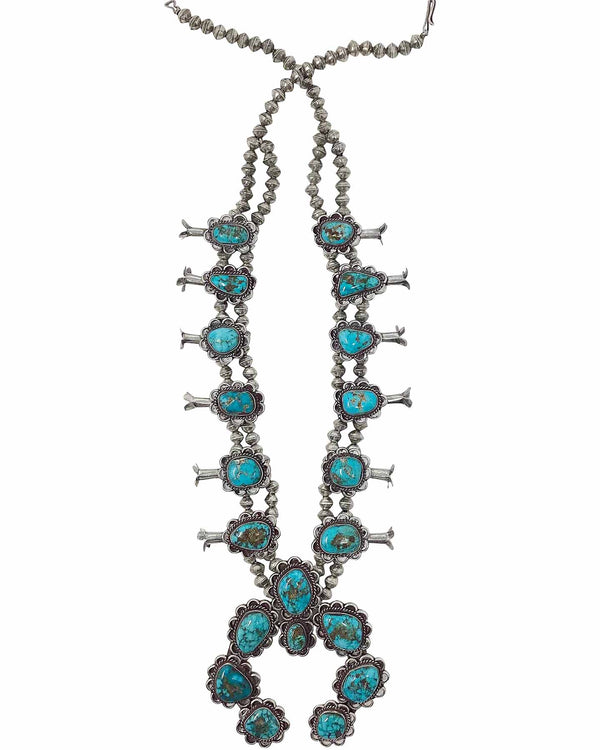 Navajo Handmade Squash Blossom Necklace, Pilot Mountain Turquoise, 28