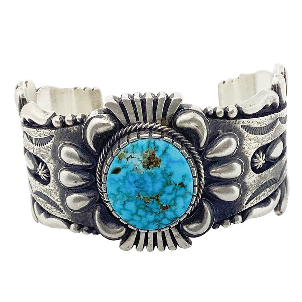 Thomas Jim, Bracelet, Kingman Turquoise, Applique, Navajo Handmade, 7 1/4