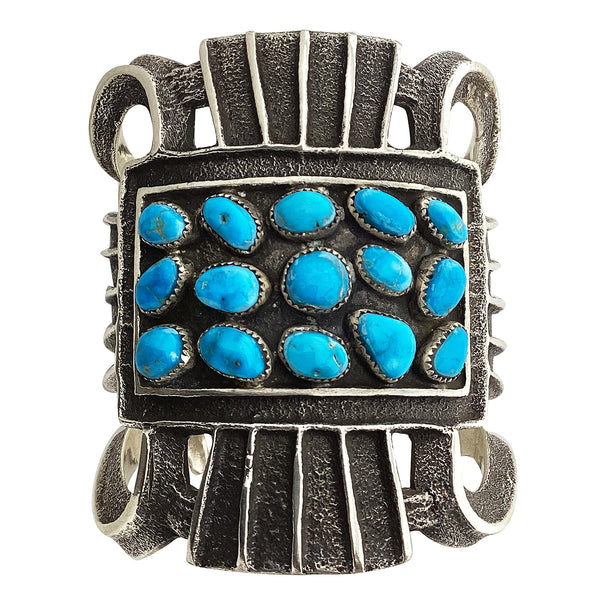Delbert Arviso, Tufa Cast Bracelet, Kingman Turquoise, Navajo Handmade, 6 3/4
