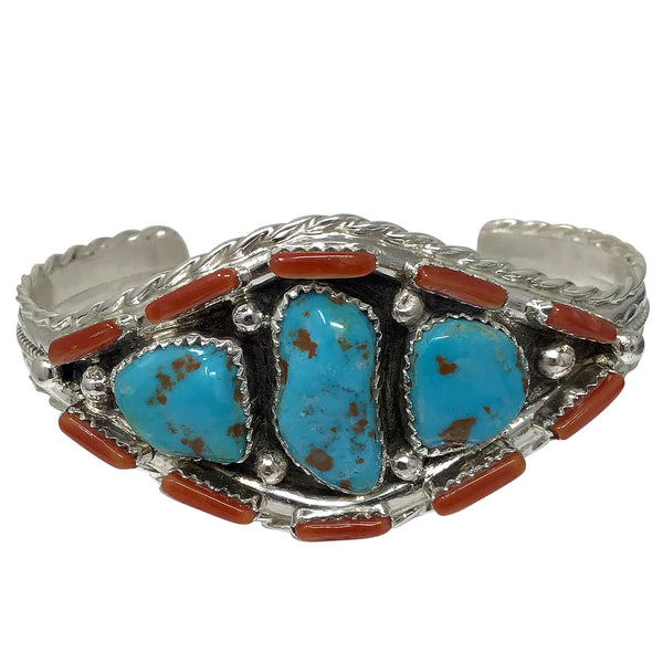 Bevis Tsadiasi, Cluster Bracelet, Kingman Turquoise, Coral, Zuni Made, 6 3/8