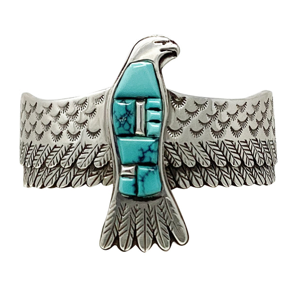 Aaron John, Bracelet, Soaring Eagle, Inlay Turquoise, Navajo Handmade, 7 1/8