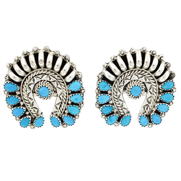 Nora Tsosie, Pierced Earrings, Kingman Turquoise, Navajo Made, 1 3/8