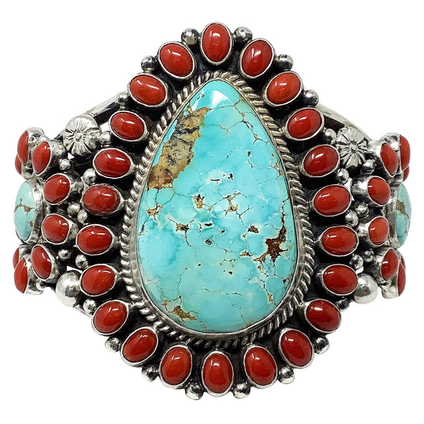Tyler Brown, Bracelet, Turquoise, Coral Cluster, Silver, Navajo Handmade, 6 3/4