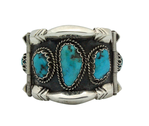 Navajo Handmade Bracelet, Circa 1980s, Bisbee Turquoise, Sterling Silver, 6