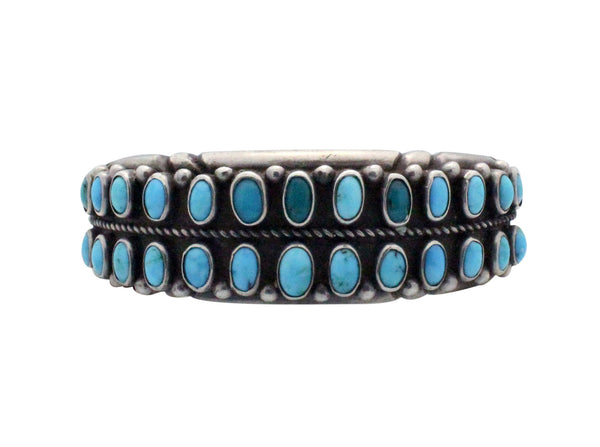 Navajo Handmade Bracelet, Circa 1970s, Persian Turquoise, Classic Row, 6 7/8