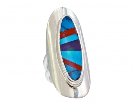 Multi-Stone Inlay Ring, Sterling Silver, Turquoise, Coral, Sugilite, 6 1/2