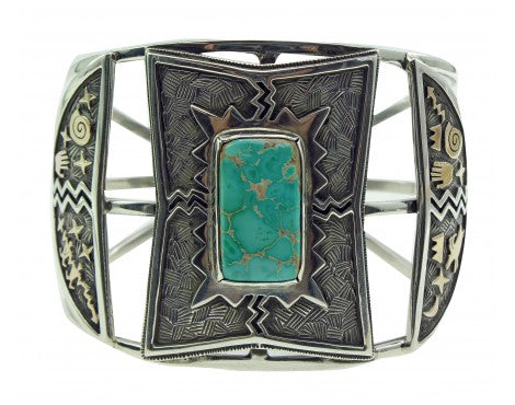 Arland Ben, Bracelet, Carico Lake Turquoise, 14k Gold, Silver, Navajo Made, 7.25