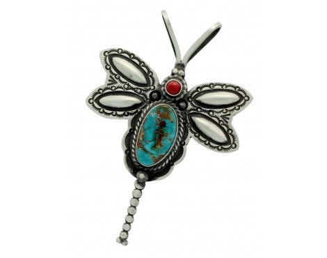 Herman Smith, Pin, Pendant, Dragonfly, Turquoise, Coral, Navajo Handmade, 3.25